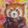 Painting of red panda with dappled red, orange and green backdrop