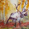 Autumnal coloured painting with Reindeer centre facing right