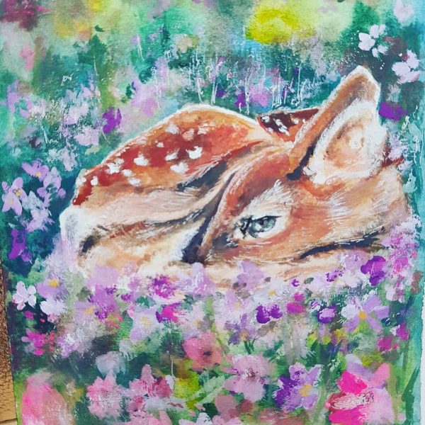 painting of a sleepy deer facing left centre with pinks and purple flowers and soft green background