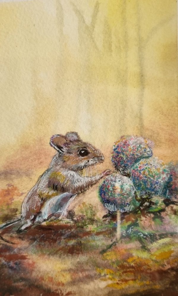 Painting of mouse reaching out to mushroom